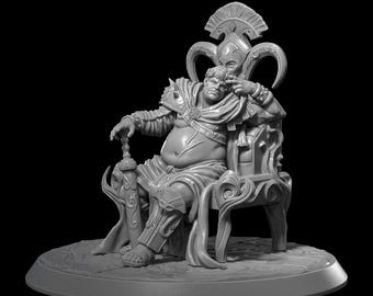 May include: A gray, detailed miniature sculpture of a large, seated figure wearing armor and a crown. The figure is holding a sword in one hand and has a serious expression on their face. The sculpture is on a round base with intricate details.