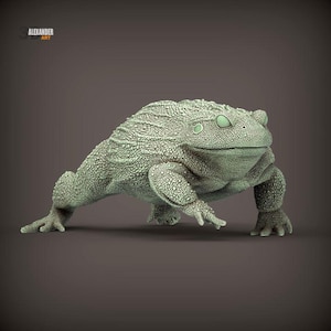 Peut inclure: Une sculpture numérique en trois dimensions représentant un crapaud à la peau vert pâle, très texturée et bosselée. La créature est représentée dans une posture basse et accroupie, les yeux fermés. Le texte Alexander Art est visible en haut à gauche.