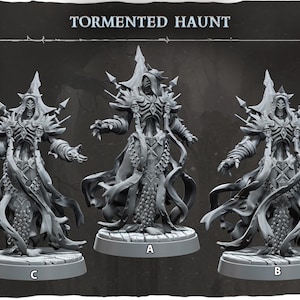 May include: Three grey miniature figures of a hooded, skeletal character with outstretched arms and flowing robes. The figures are labelled A, B, and C, and are on circular bases. The text "TORMENTED HAUNT" is at the top.