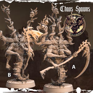 Puede incluir: Dos figuras en miniatura detalladas de Chaos Spawns, cada una con múltiples brazos esqueléticos y una cabeza esquelética. Las figuras están en poses dinámicas, una sosteniendo una guadaña y la otra un bastón. Las figuras están pintadas en gris claro y se colocan sobre un fondo marrón oscuro. La imagen también incluye el texto "Chaos Spawns" y un logotipo para "Army of Chaos".