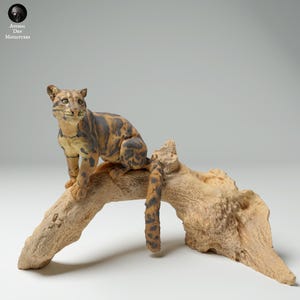 May include: A detailed figurine of a clouded leopard perched on a light brown, textured branch. The leopard has a tan coat with dark brown spots and stripes. The branch is a light brown color. The figurine is a miniature sculpture.