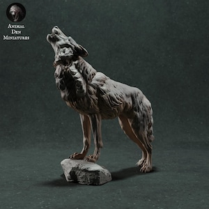 May include: A detailed sculpture of a howling wolf, standing on a rock. The wolf is depicted with textured fur and an open mouth, as if mid-howl. The sculpture is a neutral color and is set against a dark background. The text "Animal Den Miniatures" is in the upper left corner.