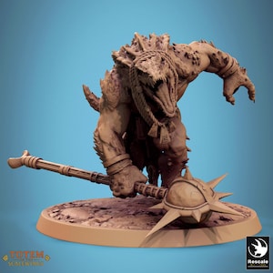May include: A detailed figurine of a reptilian humanoid warrior, holding a spiked mace. The figure is tan with textured skin and armor. The base has the text "TOTEM OF THE SCALEWINGS". The background is a gradient of blue.