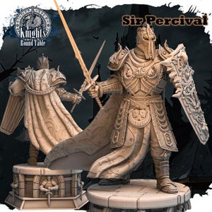 以下が含まれることがあります： 円卓の騎士、サー・パーシバルの精巧なミニチュアフィギュア。装飾的な鎧を身につけ、剣と盾を持っている。フィギュアは薄い茶色に塗られており、複雑なディテールが施されている。