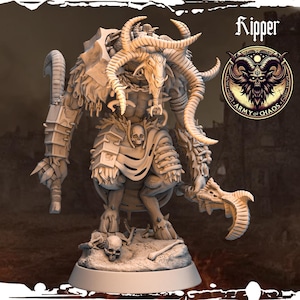 May include: A detailed miniature figurine of a horned demon with a skull and bones on its base. The demon is holding a weapon in its right hand and has a fierce expression on its face. The figurine is painted in a light brown color and is part of the "Army of Chaos" collection.