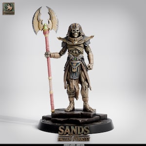 May include: A detailed figurine of an undead pharaoh holding a large battle axe. The figure is painted in shades of tan, brown, and gold, with intricate details on the armor and wrappings. The base reads "Sands of the Fallen Dynasty."