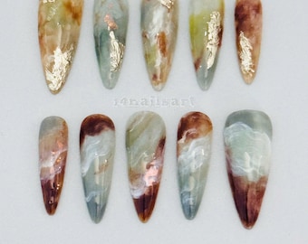 Handgemachte Marmorstein Press-On-Nägel - Goldfolie Lange Mandel Nail Art