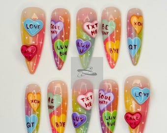 Candy Heart Long Almond Press On Nails | Y2K Valentine Nails | Pastel Love Text Nails|Cute Conversation Heart Nails |Handmade Reusable Nails