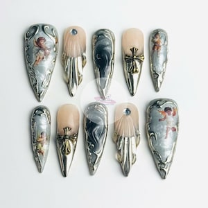 Fallen Angel Press On Nails – Gothic Stiletto Y2K Handmade Set