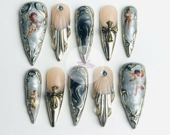 Fallen Angel Press On Nails – Gothic Stiletto Y2K Handmade Set