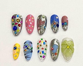 Handmade Kawaii Press On Nails – 3D Hearts, Stars, Rhinestone Nail Art