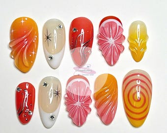 Uñas postizas estilo retro pop art – Flor 3D naranja, roja y amarilla, hechas a mano.