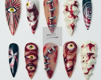 Halloween Horror Stiletto Press On Nails – Creepy Blood Eye Nail Art