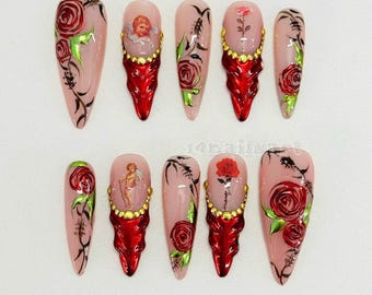 Unhas Postiças Rosa Gótica | Francesinha Vermelha, Arte de Anjo, Estilete Longo