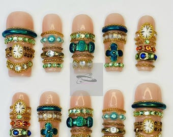 Gold Luxury Press On Nails | Long Square Bling Nails | Emerald Jewelry Nails | Handmade Fake Nails