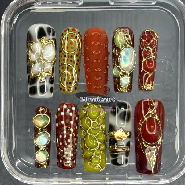 Molten Gold Long Square Press On Nails | Organic Texture Nails | Red Olive Abstract Set