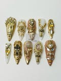 Freestyle Luxury Baroque Gold 3D Press On Nails with Cross Pearl Gem Design, Long Almond Handmade Gothic Nail Art Set For Party , Birthday product logo