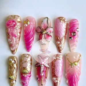 Freestyle Pink sea sunset Long Almond Press On Nails, Hand Painted Fake Nails, Event,summer nails, Goth,Gothic,Y2K,Aura Nails.
