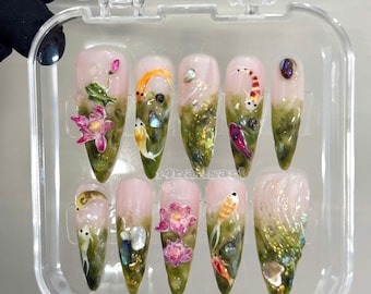 3D Koi and Lotus pond Long Almond Press On Nails, Hand Painted Fake Nails, Prom,Event,Birthday Nails, Goth,Gothic,Y2K
