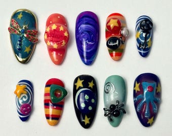 Handmade Galaxy Cartoon Press On Nails – Space Planet Star, Medium Almond