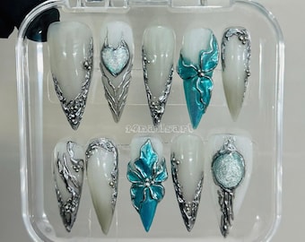 Handmade Silver Ice Press On Nails – Metallic Blue Heart Chrome, Long Stiletto