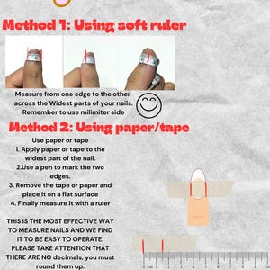 Peut inclure: Image explicative pour mesurer les ongles. Elle pr&eacute;sente deux m&eacute;thodes : avec un m&egrave;tre souple et du papier/ruban adh&eacute;sif. Le guide comprend des sch&eacute;mas et du texte expliquant le processus, en mettant l'accent sur l'arrondissement des mesures.