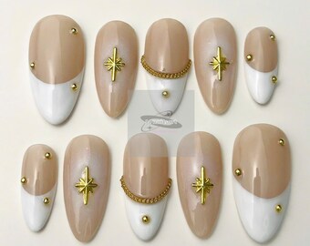 French Tip Almond Press On Nails: Gold Charm, Hand Painted, Goth Y2K