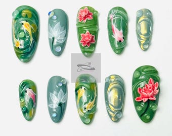 3D Koi Fish Press On Nails | Lotus Pond Nail Art