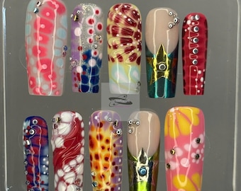Handgefertigte Y2K Press On Nails - Lange Quadratische 3D Pop Art Nägel