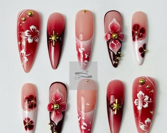 Paznokcie z nadrukiem Cherry Blossom | Czerwony gradient, kwiaty 3D i złoto, ręcznie robione