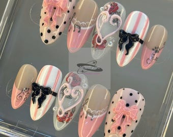 Pink Coquette Press On Nails | 3D Bow & Heart, Balletcore False Nails