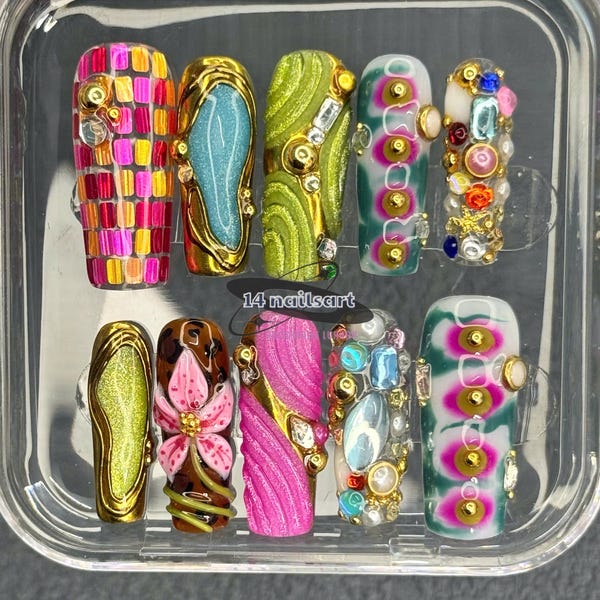 Dopamine Luxury Long Square Press On Nails | Colorful Gemstone Nails | Abstract Y2K Nail Set