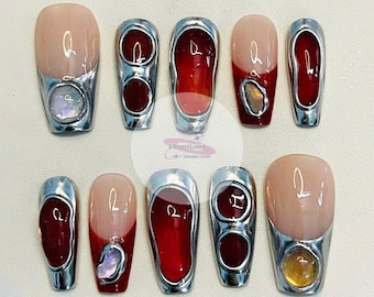 Red Chrome Press On Nails | Handmade Metallic Frame Nail Art