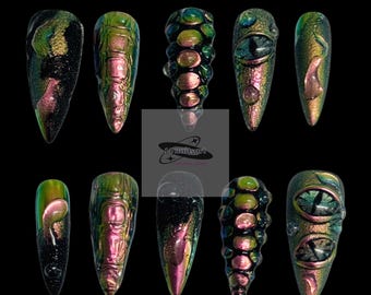 Devil Eyes Aurora Press On Nails: Goth Y2K Almond False Nails