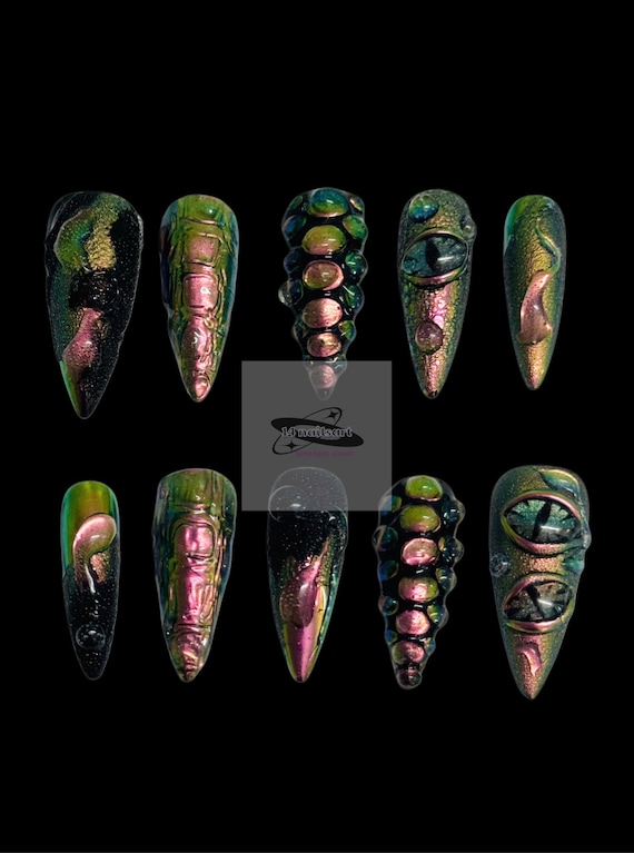 Devil Eyes Aurora Press On Nails: Goth Y2K Almond False Nails