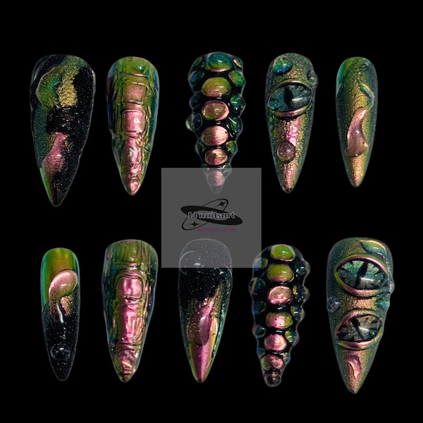 Devil Eyes Aurora Press On Nails: Goth Y2K Almond False Nails