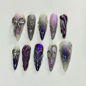 Freestyle Long stiletto Purple Chrome Press On Nails with Bow  Heart Handmade Metallic Luxury Nail Set - Handmade nails for party, vacation