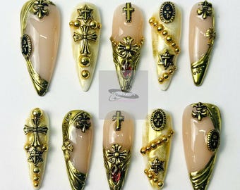 Gold Cross Stiletto Press On Nails – Gothic 3D Nail Set