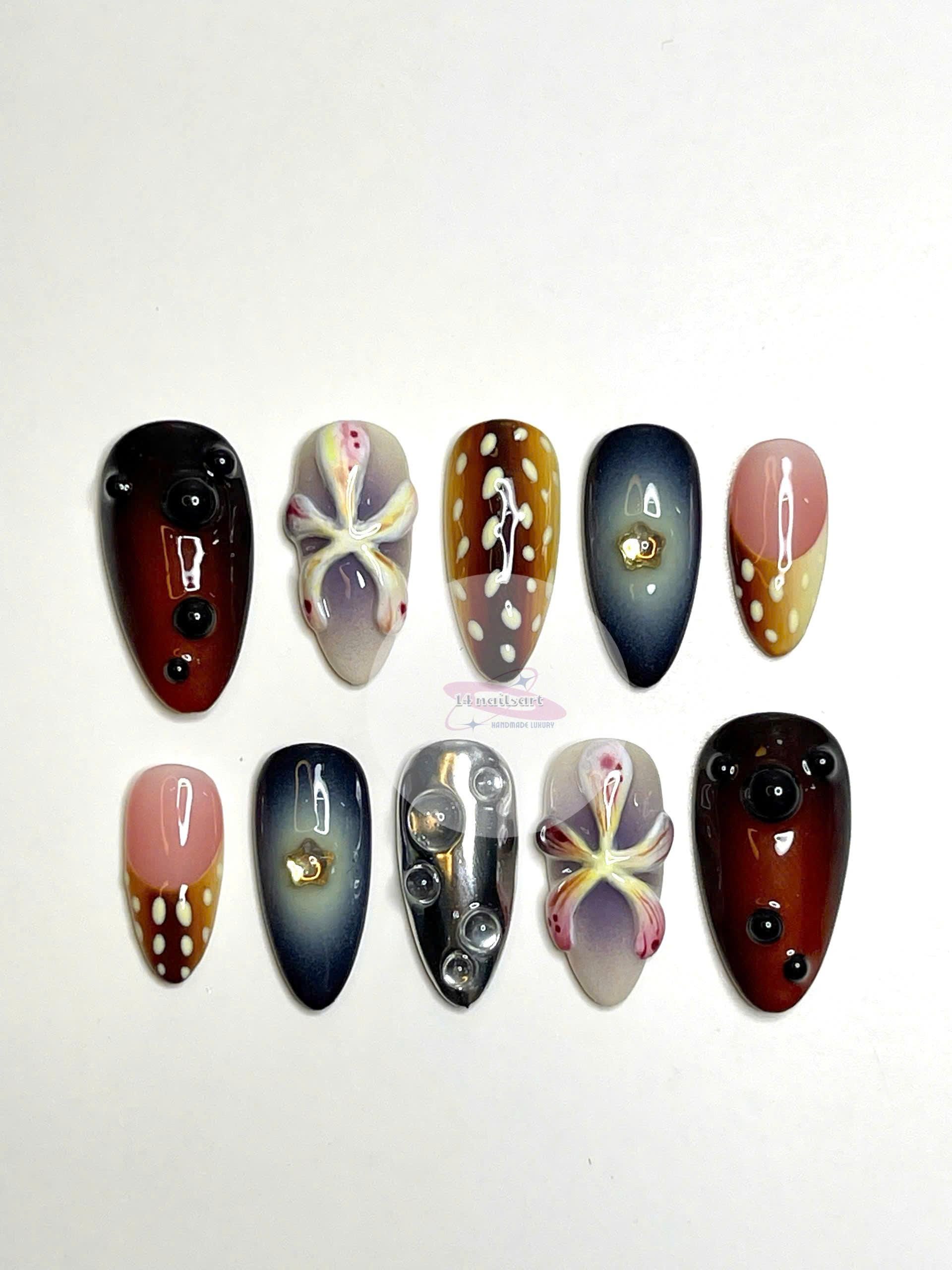 Freestyle Deer and flower motifs Medium Almond Press On Nails Hand Painted Fake Nails,Event,Goth,Gothic,Y2K,Aura Nails