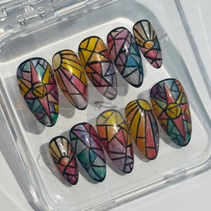 Stained Glass Mosaic Almond Press On Nails | Gothic Cathedral Art Nails image 2