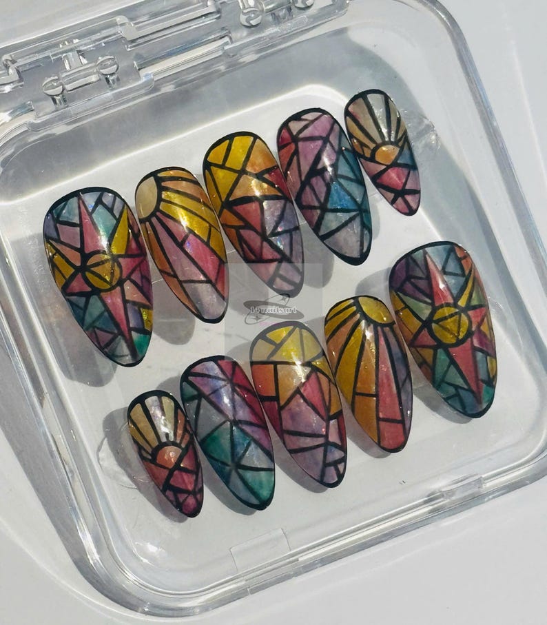 Stained Glass Mosaic Almond Press On Nails | Gothic Cathedral Art Nails image 2