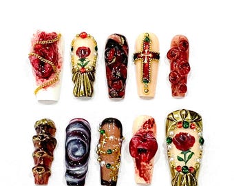 Presse cercueil gothique sur les ongles, croix de roses rouges, art d'ongle 3D fait main