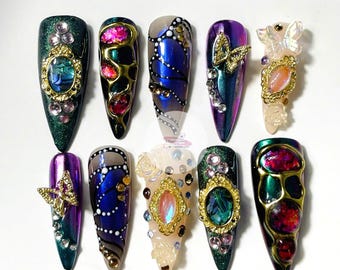 Luxury Gothic Press On Nails – Baroque Butterfly Gem, Handmade Nail Art