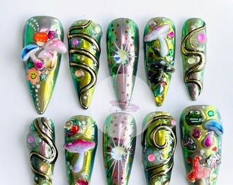 FreeStyle Mushroom forest Long Almond  Press On Nails, Hand Painted Fake Nails, Prom,Event,Birthday Nails, Goth,Spring nails,Aura Nails