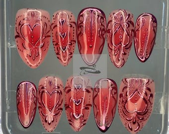 Red Chrome Heart Press On Nails, Y2K Metallic 3D Design