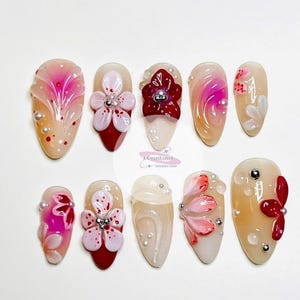 Red Rose Press On Nails: 3D Gel Flower, Hand Painted Almond Nails
