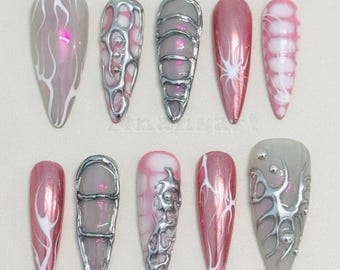 Hand-Painted Pink Chrome Press On Nails | Silver 3D Abstract Stiletto Nails