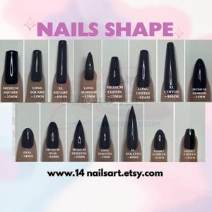Peut inclure: Image pr&eacute;sentant diff&eacute;rentes formes d'ongles, notamment carr&eacute;es, amande, cercueil et stiletto, avec des mesures en millim&egrave;tres. Le texte "NAILS SHAPE" est en haut, et le site web www.14 nailsart.etsy.com est en bas.