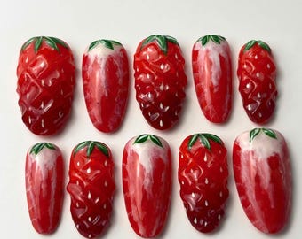 Handmade 3D Strawberry Press On Nails – Red Fruit Nail Art, Summer Almond