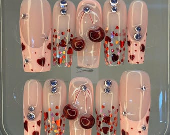 Cherry Heart Press On Nails | Valentine Rhinestone Gel Nails